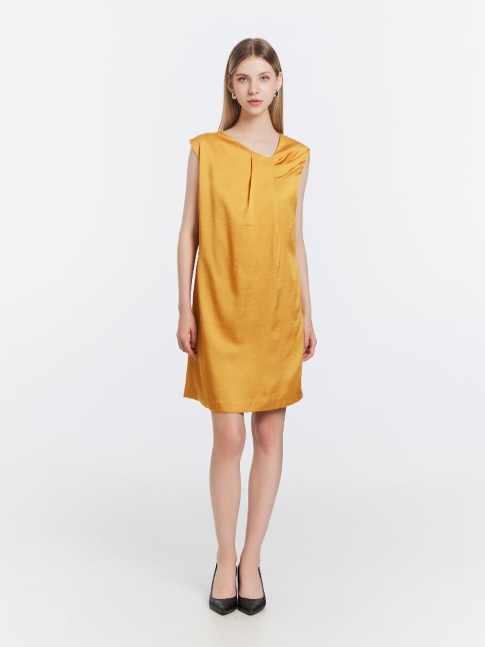 Asymmetric Pleated Satin Dress – Mustard Yellow